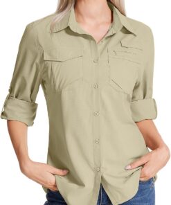 Camisa Safari para mujer, protección solar UPF 50, secado rápido, manga larga, senderismo, pesca, viajes al aire libre