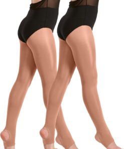 2 pares de medias de baile con estribo brillante, 60 denier, listas para el rendimiento, paquete múltiple para niñas, niños, adultos, mujeres en tostadas y tostadas ligeras