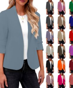 HUIFUAO - Blazer para mujer, talla grande, chaqueta de traje de negocios, casual, de manga larga, para otoño, frente abierto, ropa de abrigo de moda