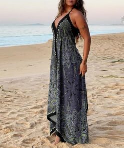 Vestido de verano para mujer, vestido de playa con estampado floral, cuello en V, tirantes delgados