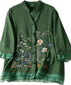 Camisas para mujer, camisas de manga 3/4 con botones, camisas bordadas de verano, camisa campesina