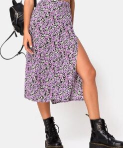 Ditsy - Falda midi acampanada floral para mujer, abertura lateral, casual, primavera y verano
