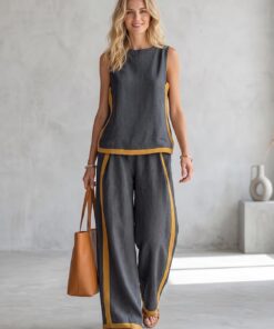 Conjunto de 2 piezas de verano para mujer, camiseta sin mangas, pantalones sueltos de pierna ancha, casual, a juego