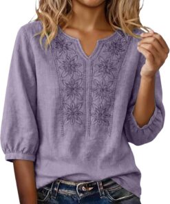 Camisetas de algodón y lino para mujer, camisas de manga 3/4 bordadas, camisetas bohemias de verano 2026, blusas casuales de playa