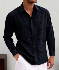 Camisas casuales de lino para hombre, de manga larga, cuello y botones, para playa, ropa de moda para otoño e invierno