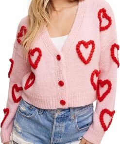 Sexy Outfit Cárdigans de Punto para el día de San Valentín para Mujer, Lindo Estampado de corazón, Manga Larga con Botones, suéteres cálidos, Ropa estética
