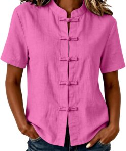 Camisas de manga corta para mujer, estilo étnico, vintage, abotonadas, con botones plegables, blusas orientales para mujer, blusas ligeras de verano, ropa tradicional china, ropa casual