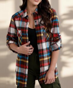 Blusa casual de franela de manga larga con botones para mujer