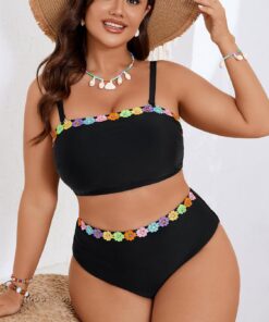 Conjunto de bikini de cintura alta para mujer, traje de baño de dos piezas con ribete floral y tirantes extraíbles