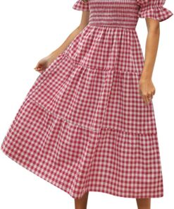 ZESICA - Vestido de verano bohemio para mujer, a cuadros, cuello cuadrado, manga abullonada, con volantes, con vuelo, para la playa, largo midi