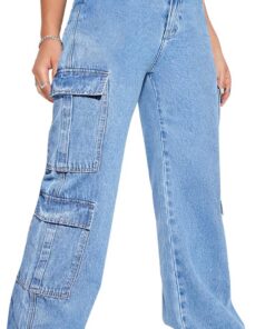 Pantalones de mezclilla holgados de cintura alta para mujer con bolsillo con solapa, estilo urbano Y2K, pierna ancha