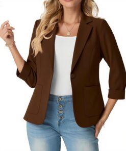 GRECERELLE Blazer elegante para mujer, manga 3/4, solapas, cuello, chaquetas de negocios, trabajo, oficina, cárdigans y blazers con bolsillos y botones para mujer