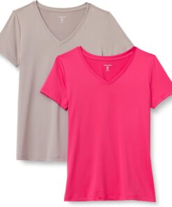 Amazon Essentials Camiseta Elástica de Secado Rápido, Manga Corta y Cuello en V (Hay Tallas Grandes) Mujer, Paquete de 2