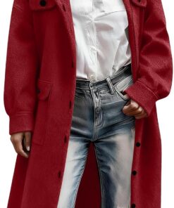 HUIFUAO - Abrigos de lana para mujer, talla grande, chaqueta de tweed de manga larga con botones de solapa, abrigos para otoño e invierno, chaqueta casual cálida con bolsillos, Vino, XXL