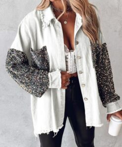 Chaqueta de mezclilla para mujer, con parche de lentejuelas, manga larga, dobladillo deshilachado, abrigo informal de gran tamaño con botones y bolsillos
