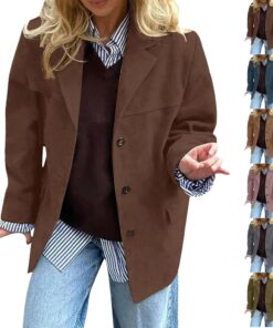 HUIFUAO - Chaquetas de gamuza para mujer, talla grande, chaquetas de piel sintética, manga larga, con botones, solapa, chaquetas de otoño e invierno, abrigos elegantes y modernos con bolsillos, azul
