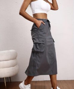 Falda larga tipo cargo Y2K para mujer, estilo casual, de cintura alta, con cordón y bolsillo lateral, ajuste entallado