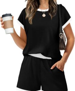 Conjunto de dos piezas para mujer, conjunto de pantalones cortos de verano, manga casquillo, cuello redondo, sudadera con bolsillo S-2XL