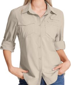 Camisa Safari para mujer, protección solar UPF 50, secado rápido, manga larga, senderismo, pesca, viajes al aire libre