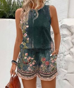 Conjunto de dos piezas con estampado floral verde retro para mujer, camiseta sin mangas y pantalones cortos a juego para vacaciones en la playa
