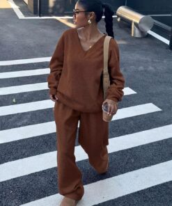 Conjunto de 2 piezas para mujer, sudadera de manga larga, pantalones de pierna ancha con bolsillos, chándal y ropa de descanso