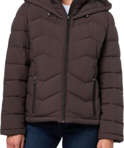Calvin Klein Stretch Fabric Puffer Jacket With Hood – Warm Quilted Zip Front Coat Parka Mujer (Pack de 1)
