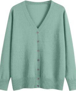 HUIFUAO - Cárdigans para mujer, talla grande, cuello en V, punto con botones, suéteres ligeros de manga larga para otoño e invierno, verde menta, L