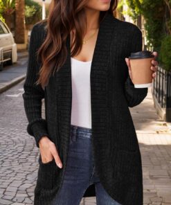 Cárdigan ligero de manga larga para mujer, frente abierto, casual, con bolsillos, cárdigan de otoño para mujer