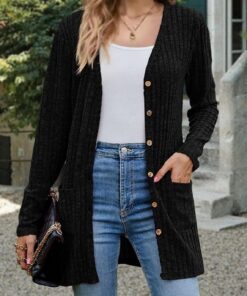 Suéter de punto para mujer, para primavera, otoño, manga larga, frente abierto, ligero, casual, con bolsillos