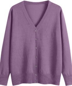 HUIFUAO - Cárdigans para mujer, talla grande, cuello en V, punto con botones, suéteres ligeros de manga larga para otoño e invierno, Morado (, L