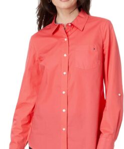 Tommy Hilfiger Women's Classic Long Sleeve Roll Tab Button Down Shirt (Standard and Plus Size) Roll Tab Dot Mujer (Pack de 1)