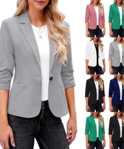 HUIFUAO - Blazers de manga 3/4 para mujer, talla grande, cuello en V, traje de trabajo, chaquetas elegantes y ligeras, abrigos de otoño con solapa de 1 botón, azul oscuro, XL
