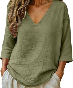 Blusas de lino para mujer, tallas grandes, camisas de gasa de verano, manga 3/4, cuello en V, blusas elegantes, informales, ropa holgada