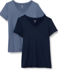 Amazon Essentials Camiseta Elástica de Secado Rápido, Manga Corta y Cuello en V (Hay Tallas Grandes) Mujer, Paquete de 2