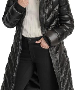 DKNY Abrigo largo y brillante con capucha para mujer, chaqueta de invierno acolchada con acabado brillante, negro, talla M