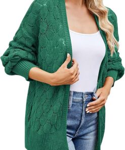 HUIFUAO - Cárdigan de punto de ganchillo para mujer, talla grande, parte delantera abierta, hueco, bohemio, cárdigans de manga larga, para otoño, ropa de abrigo básica, verde, X-Large