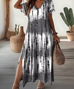 Vestido largo de verano bohemio con teñido anudado para mujer, cuello en V, manga corta, dividido, holgado, casual, vestido de vacaciones