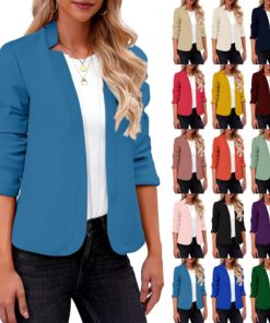 HUIFUAO - Blazers para mujer, chaquetas de traje de talla grande, abrigos casuales de manga larga, abrigos de otoño con frente abierto, azul marino, M