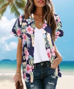 Camisas hawaianas de manga corta para mujer, informales, suaves, frescas, con estampado floral tropical, cuello en V, camiseta de verano con botones
