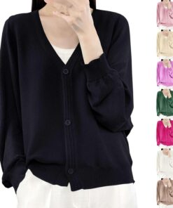 HUIFUAO - Cárdigan de lino para mujer, talla grande, cuello en V, tejido de punto, con botones, para primavera, otoño, manga larga, suéteres ligeros para exteriores