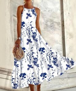 Vestido largo de verano con cuello halter y estampado floral azul para mujer, vestido bohemio sin mangas para vacaciones