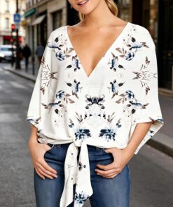 Camisa casual floral para mujer con mangas de murciélago y ajuste holgado, nudo frontal bohemio