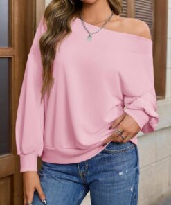 Sudadera de manga larga para mujer, con hombros descubiertos, ajuste holgado