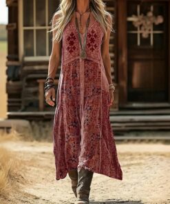 Vestido largo sin mangas con cuello en V y estampado étnico para mujer, para primavera y verano, holgado, dobladillo ancho, vestido casual bohemio para salidas diarias