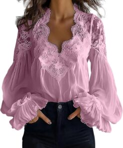 Blusa de manga larga para mujer, elegante encaje empalme, hueco, burbuja, color sólido, sexy, blusa con cuello en V, suave, cómoda, ajuste clásico, elegante, casual, para el trabajo y la oficina
