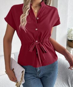 Blusa casual con cuello en V y botones para mujer, elegante, con cordón, lazo en la cintura y volantes, blusa tipo túnica para salir
