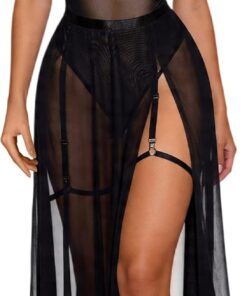 SEAUR Conjunto de lencería de piel sintética para mujer, sexy, brasier halter, parte superior de malla transparente, falda larga con tanga