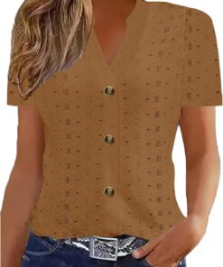 Camisas huecas con ojales para mujer, blusas de verano de manga corta con cuello en V, casual, ajustadas, elegantes, con botones, para vacaciones, playa, 2025