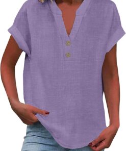 Camisa de lino para mujer, informal, elegante, de verano, con botones, manga corta, cuello en V, color liso, cómodas blusas