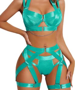 Avidlove Conjunto de lencería para mujer, lencería sexy con tirantes, con aros, sujetador push up, conjunto de liga con cadena